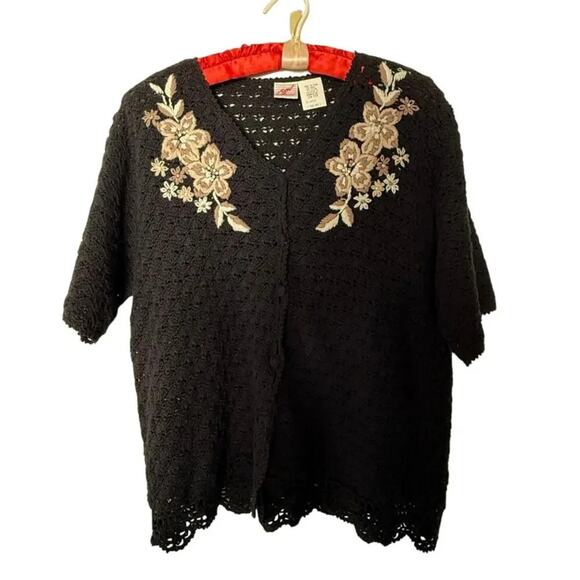 Vintage AGW Division of Graff Black Open Knit Cardigan XL Floral Embroidered - Picture 9 of 11